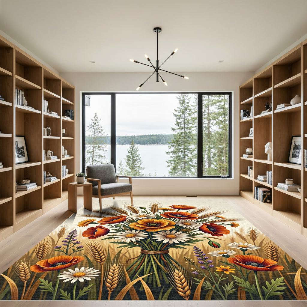 Golden Poppy and Wheat Floral Bouquet Rug