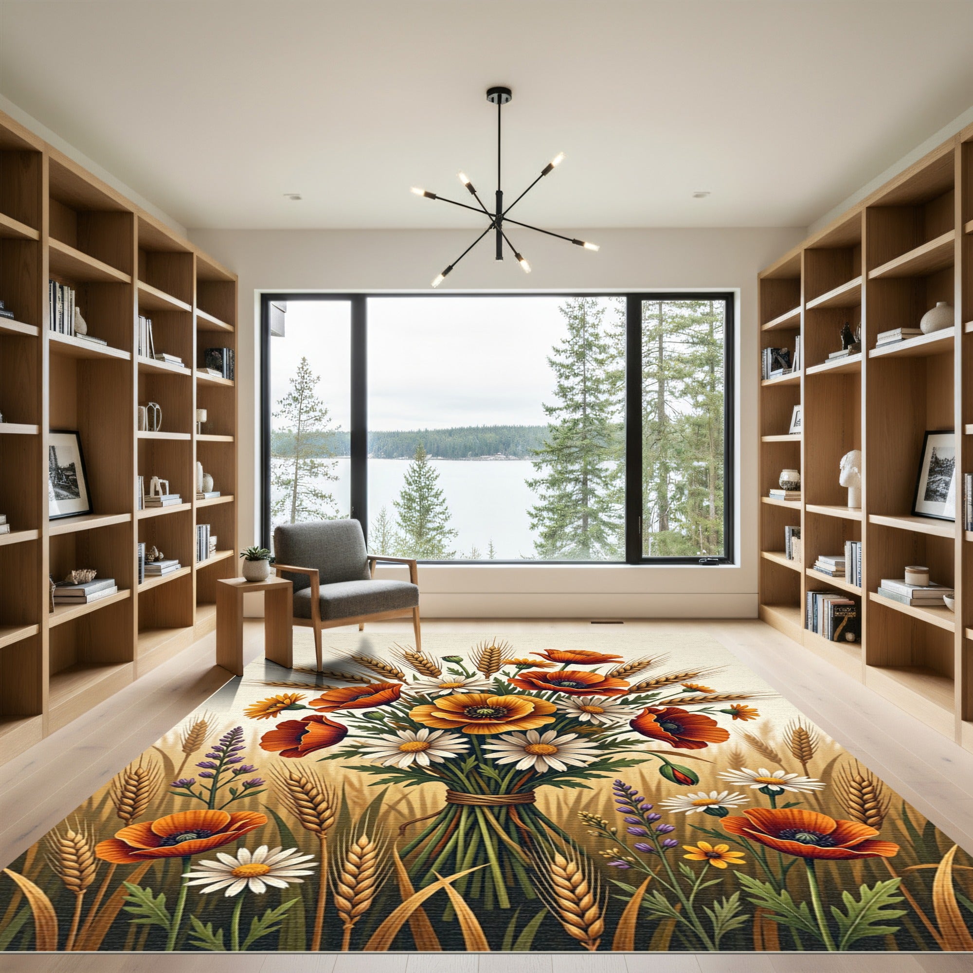 Golden Poppy and Wheat Floral Bouquet Rug