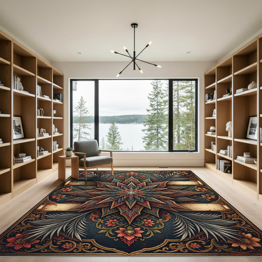 Ornate Crimson Star Floral Medallion Rug