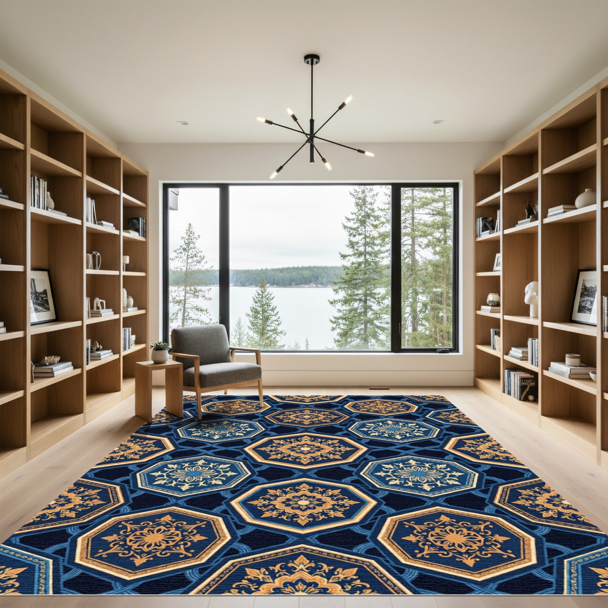 Navy Blue Golden Hexagon Geometric Medallion Rug