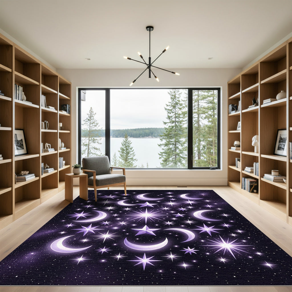 Celestial Purple Crescent Moon Starry Sky Rug