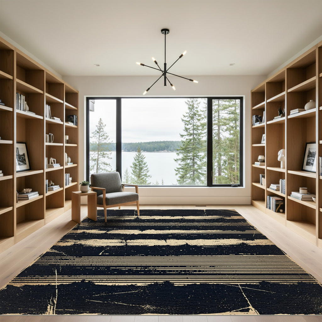 Black Gold Geometric Stripe Grunge Rug