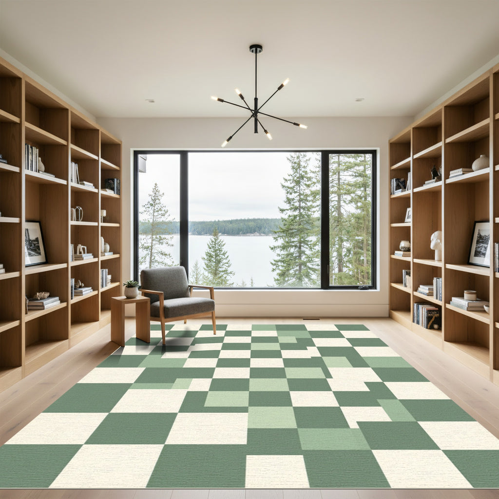 Sage Green Geometric Pixelated Checkered Grid Rug