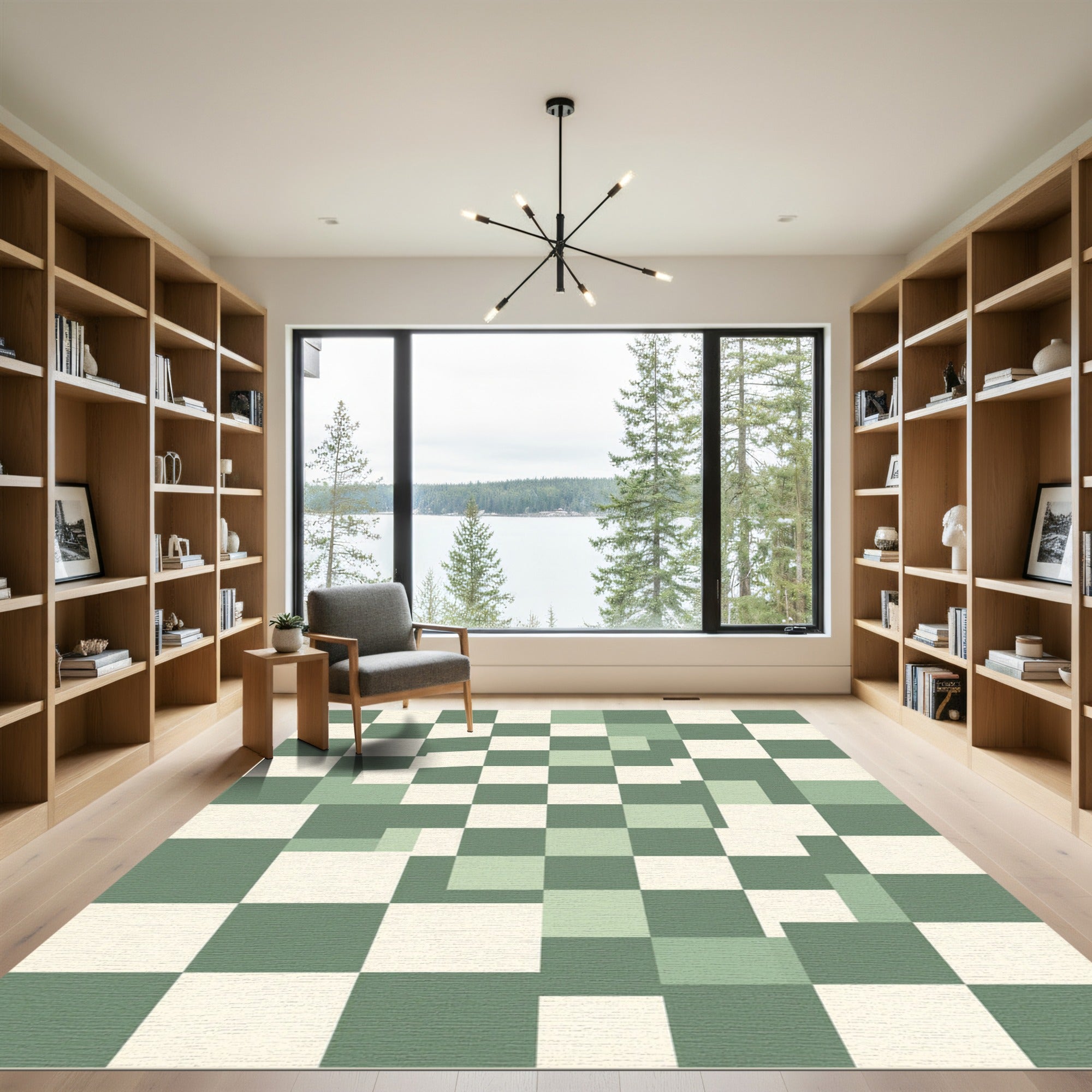 Sage Green Geometric Pixelated Checkered Grid Rug