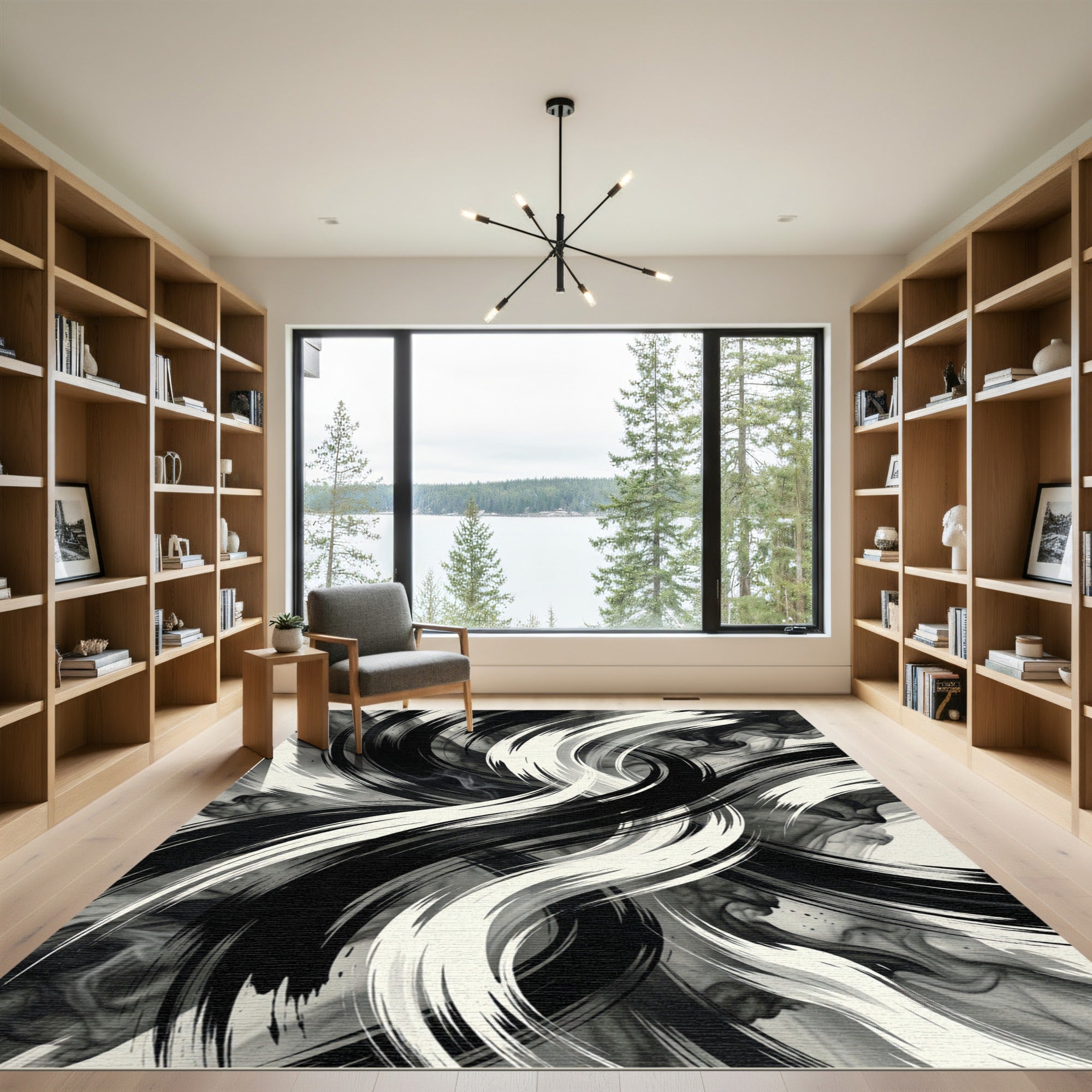 Bold Black White Swirling Strokes Rug