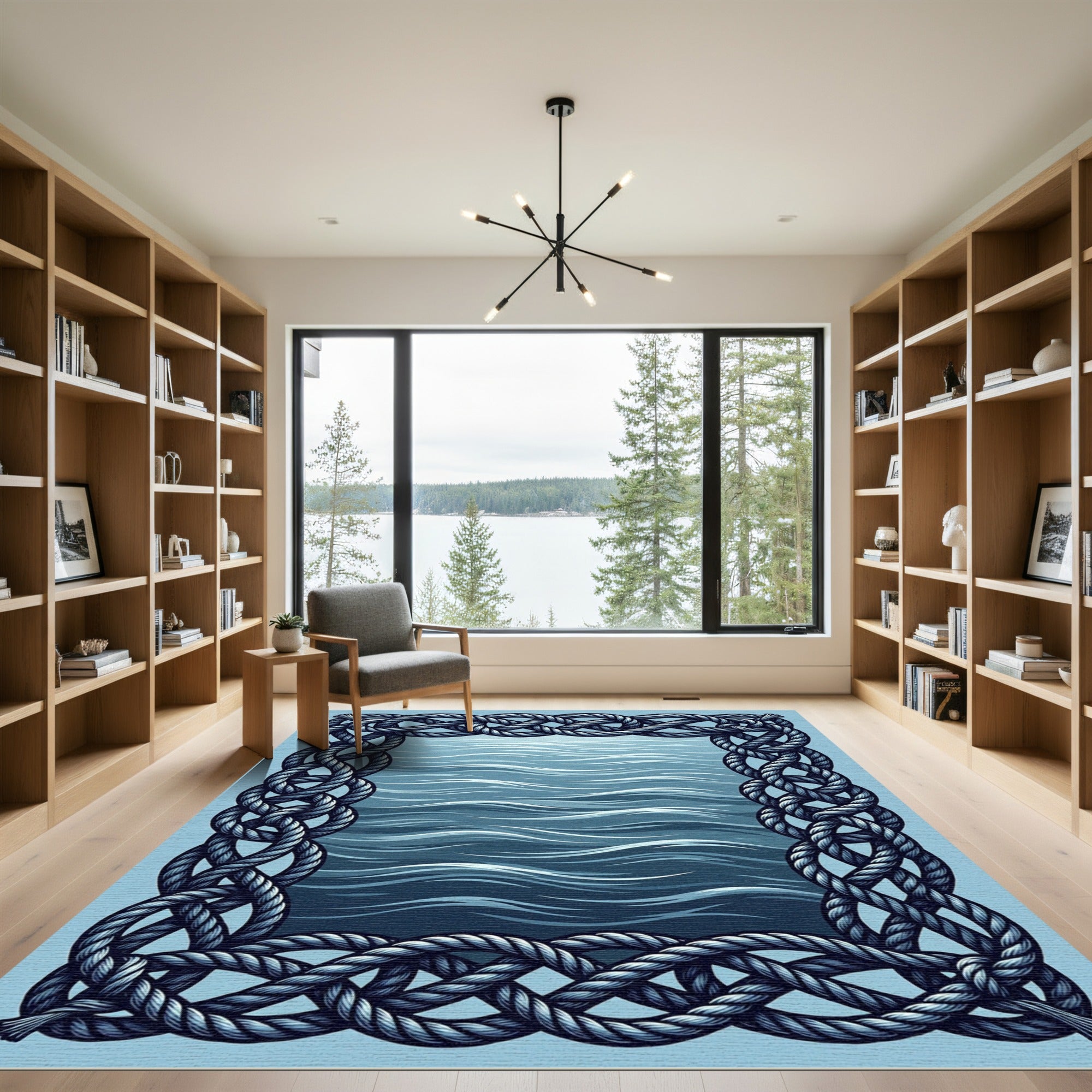 Nautical Braided Rope Navy Ocean Frame Rug