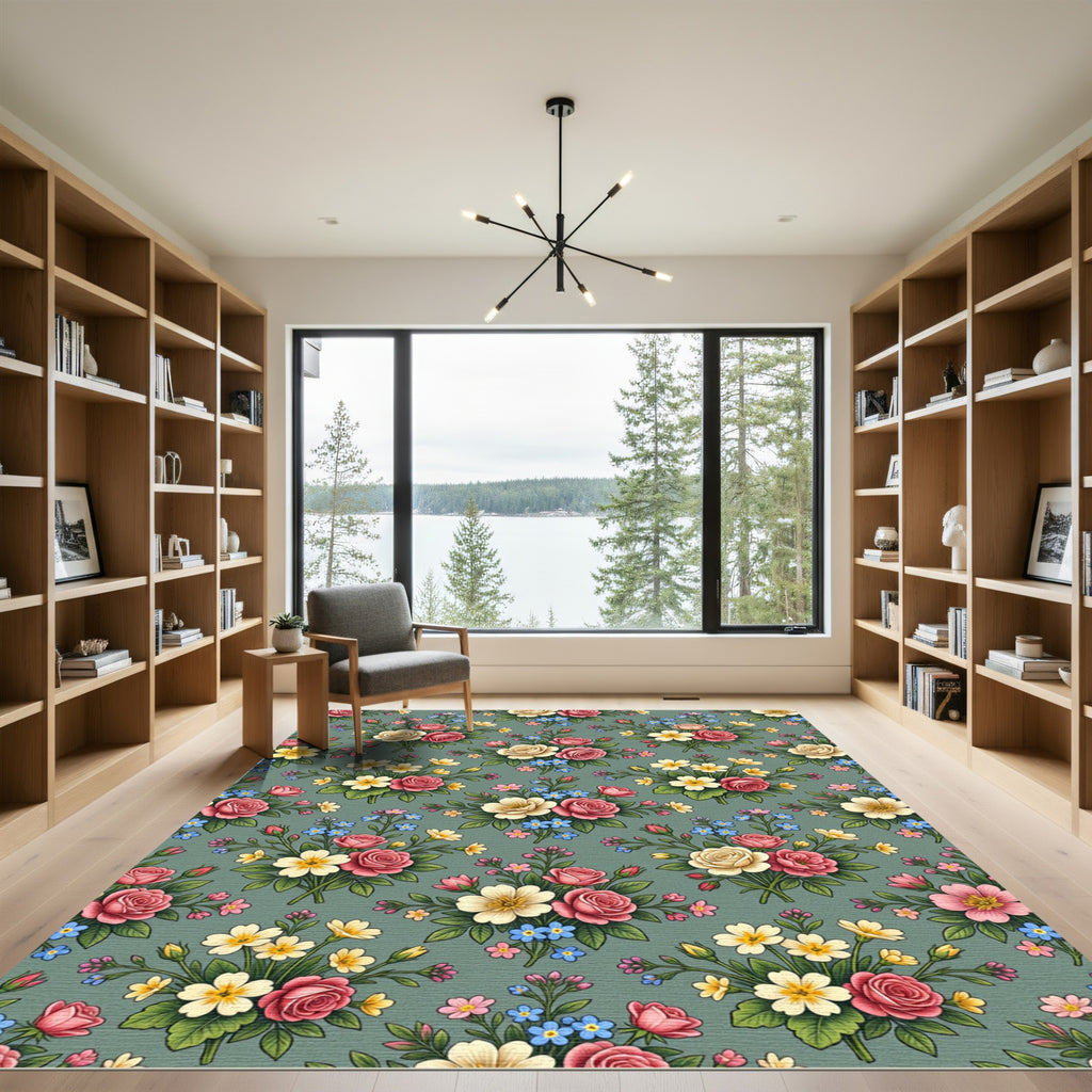 Romantic Pink Yellow Wildflower Bouquet Rug
