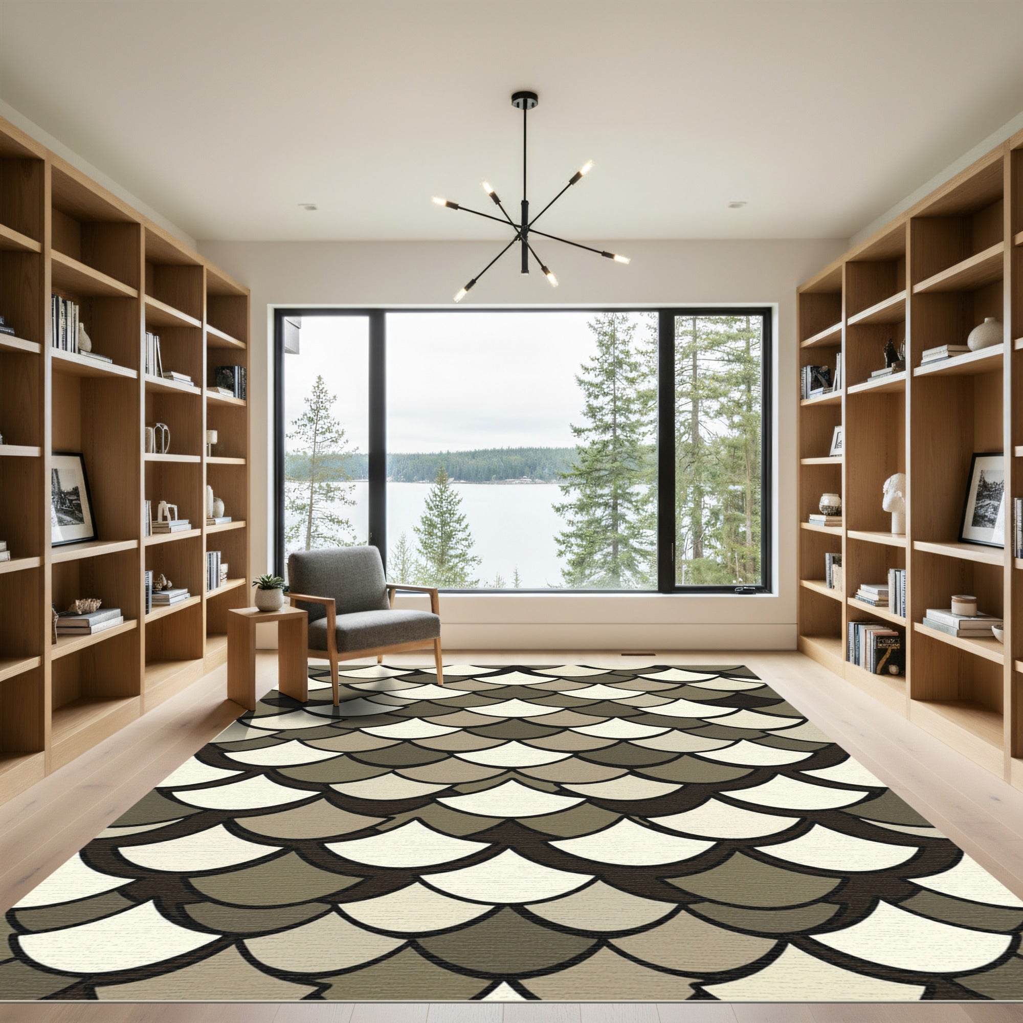 Neutral Scalloped Fish Scale Overlay Rug