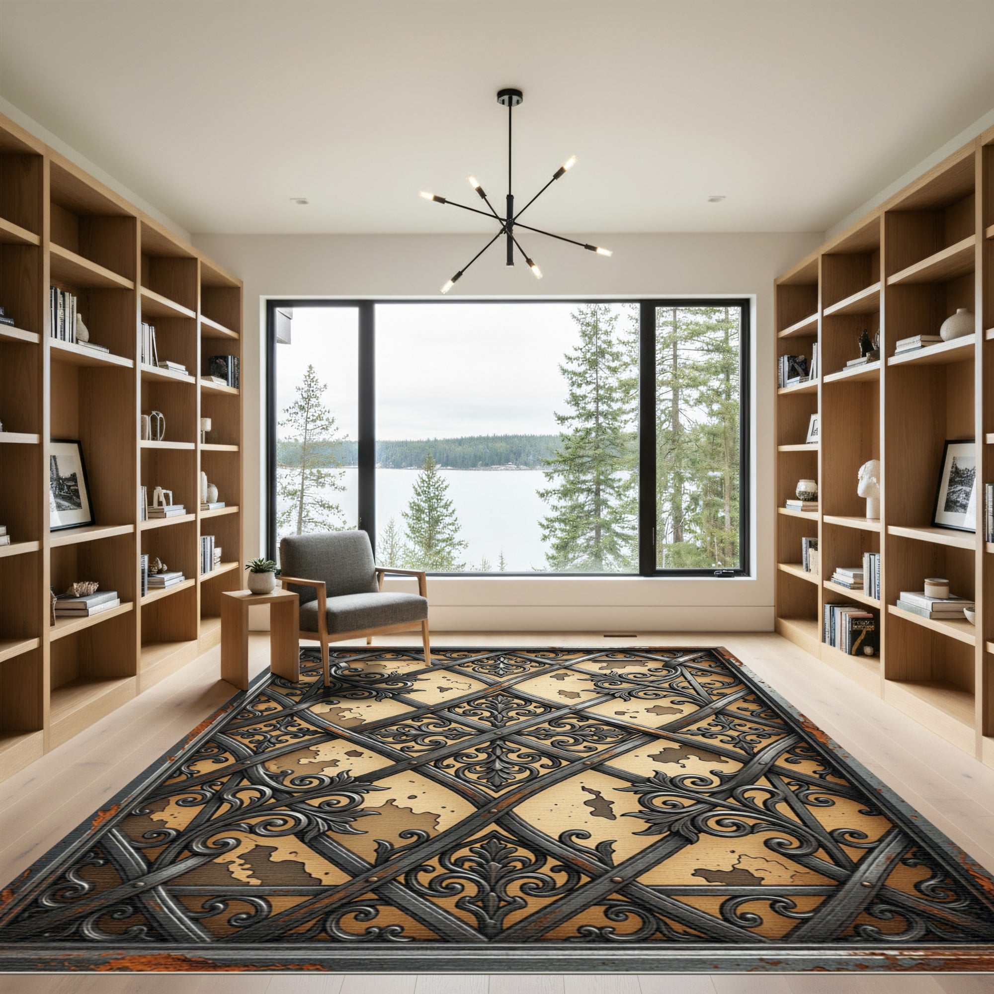 Ornate Black Scrollwork Map Trellis Rug