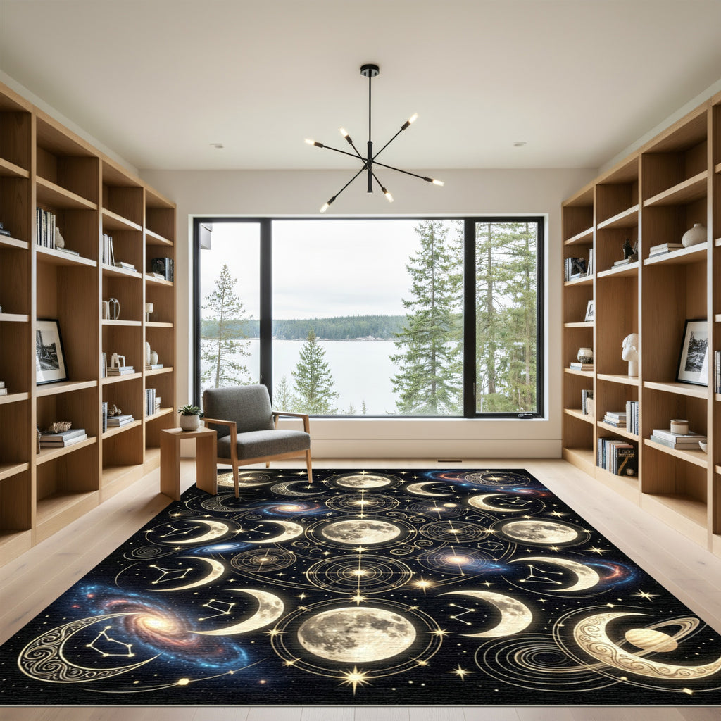Celestial Lunar Phases Galaxy Gold Art Rug