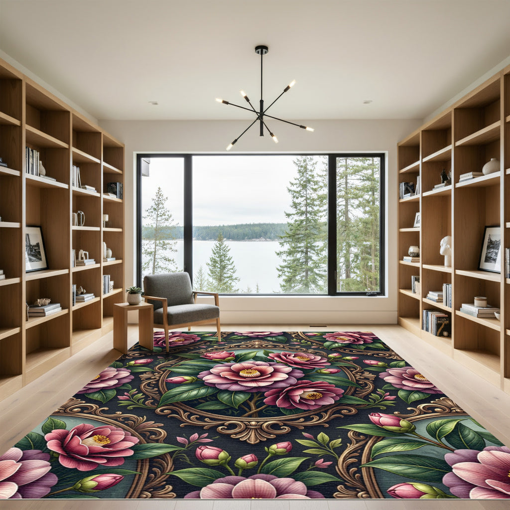 Vintage Victorian Pink Camellia Frame Rug