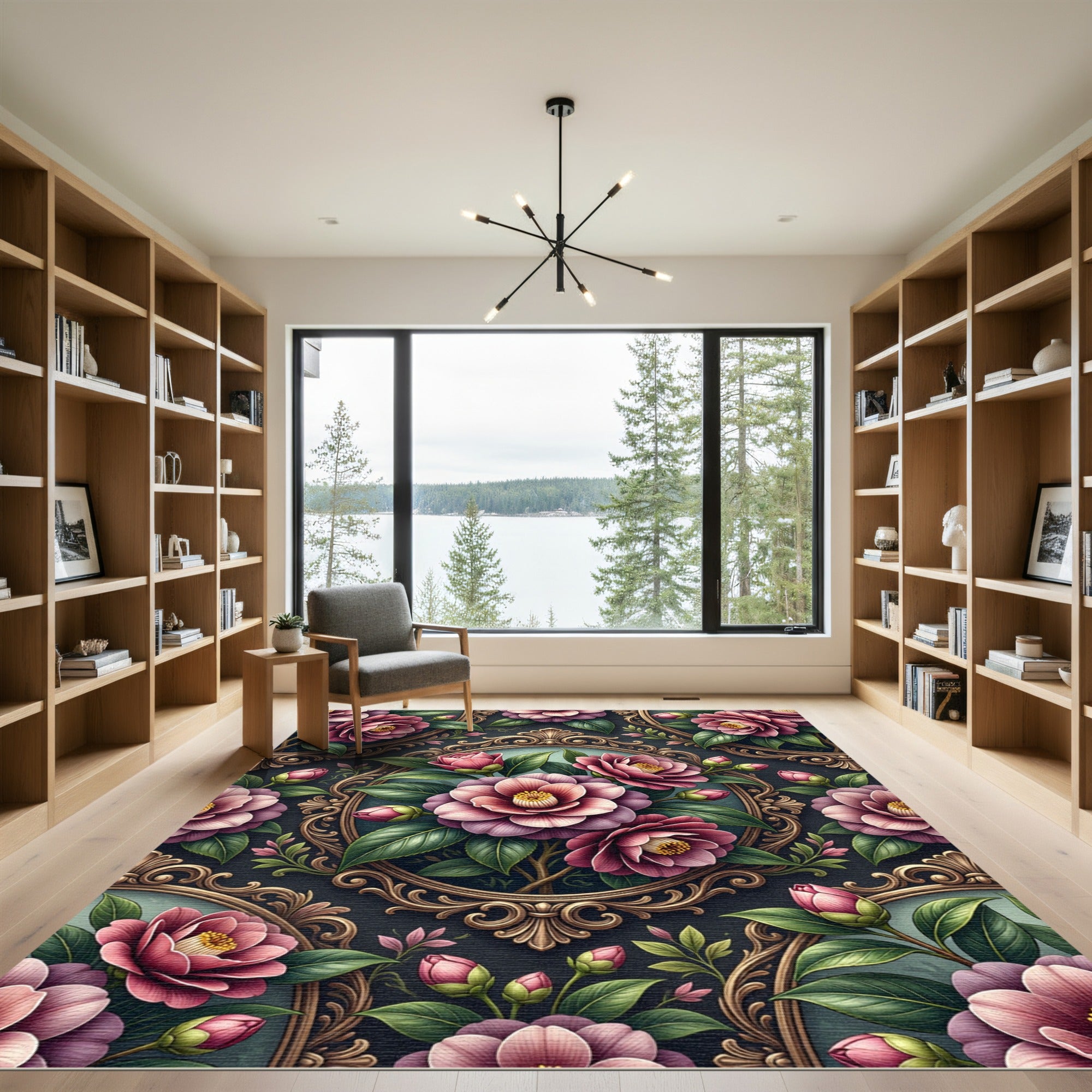 Vintage Victorian Pink Camellia Frame Rug