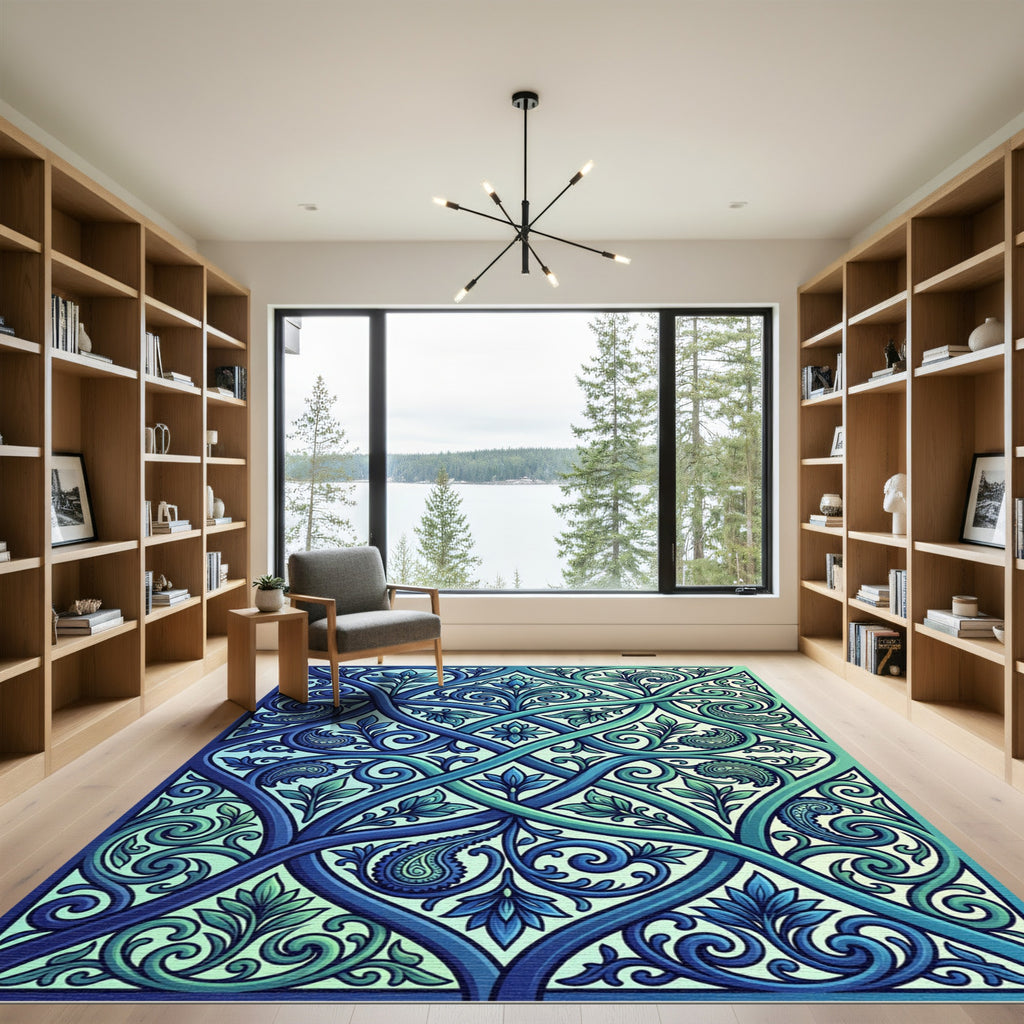 Ethereal Blue Teal Intertwined Leaf Scroll Rug