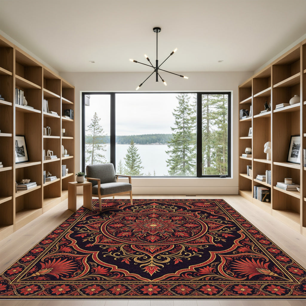 Crimson Red Golden Floral Medallion Rug