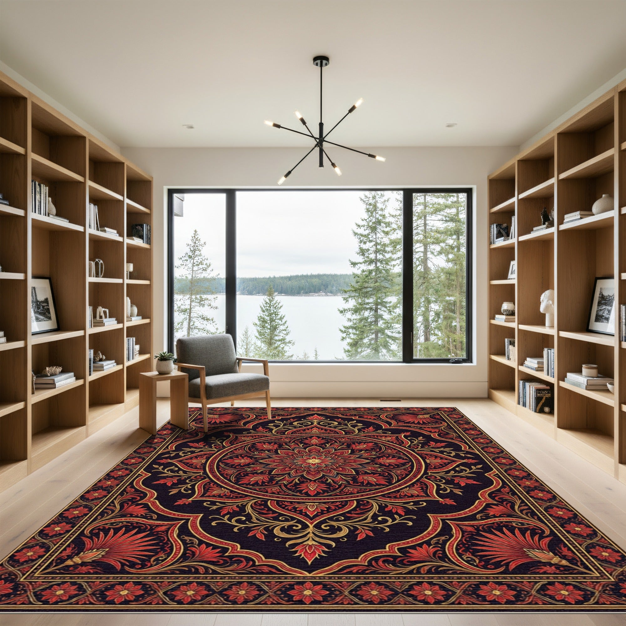 Crimson Red Golden Floral Medallion Rug