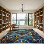 Nautical Golden Blue Compass Anchor Collage Rug