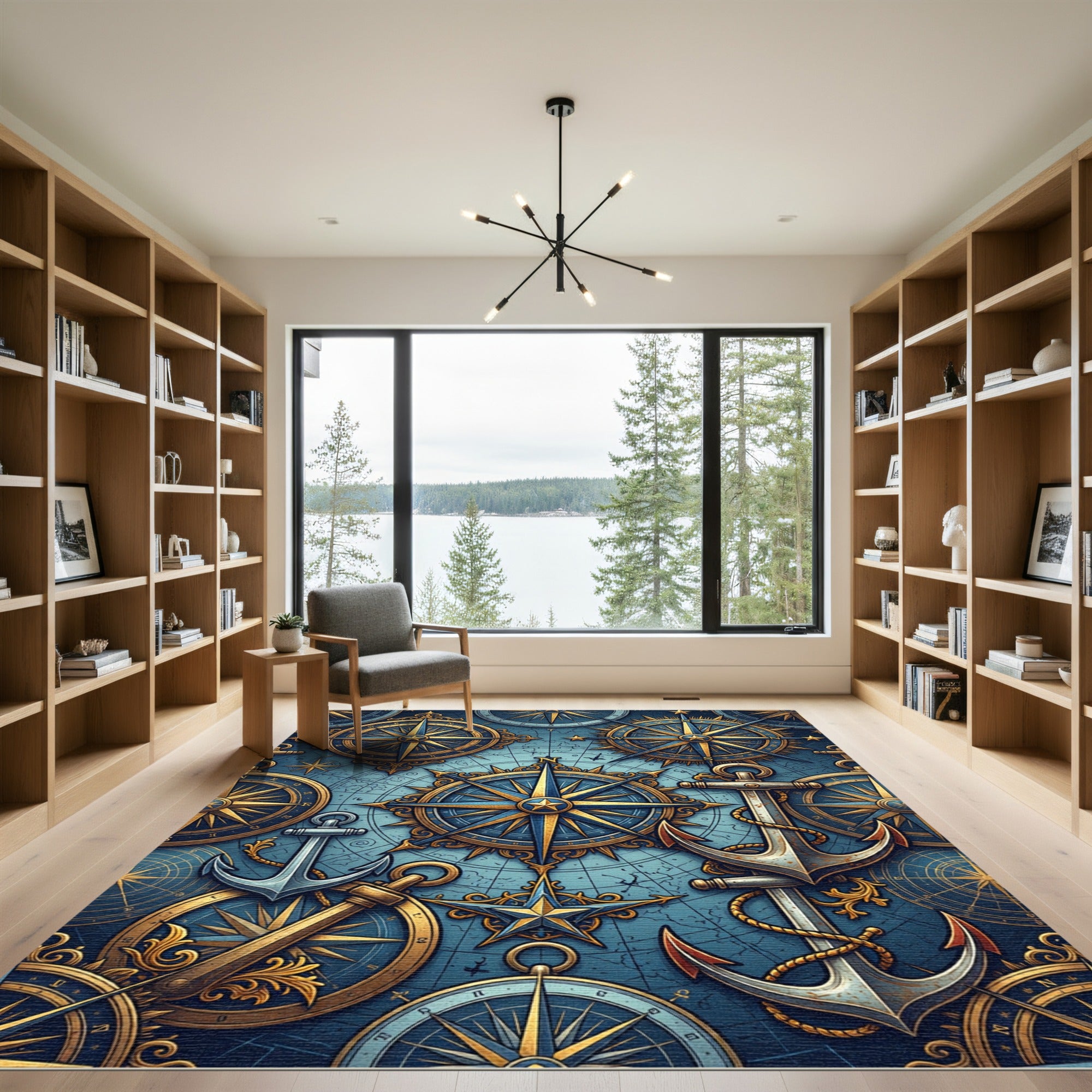 Nautical Golden Blue Compass Anchor Collage Rug