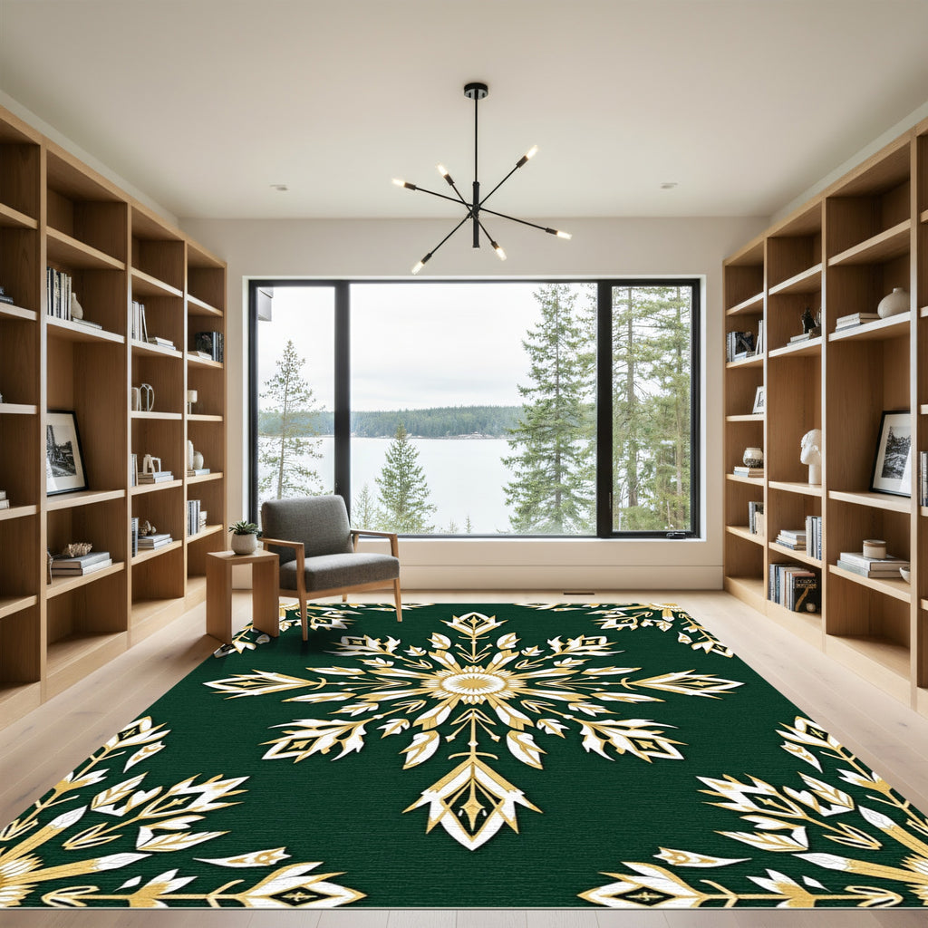 Emerald Green Golden Leaf Medallion Rug