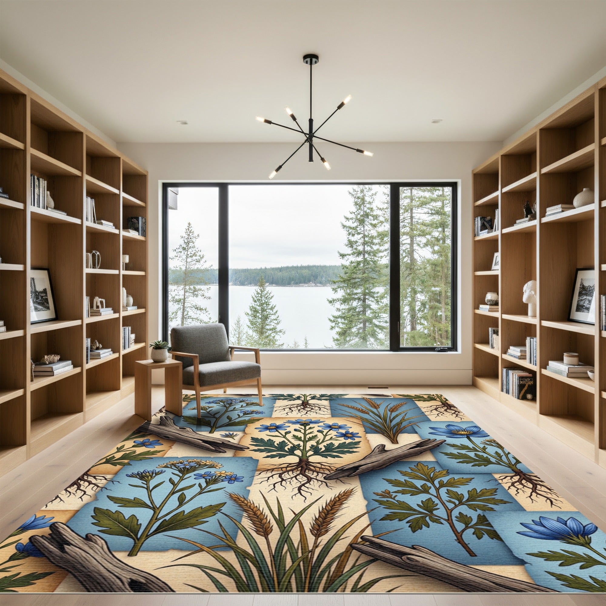 Rustic Botanical Blue Floral Wheat Rug
