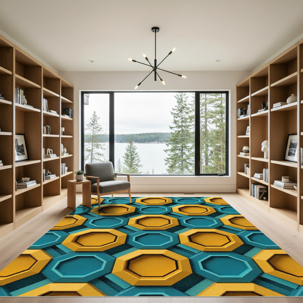 Modern Teal and Golden Octagonal Mosaic Rug