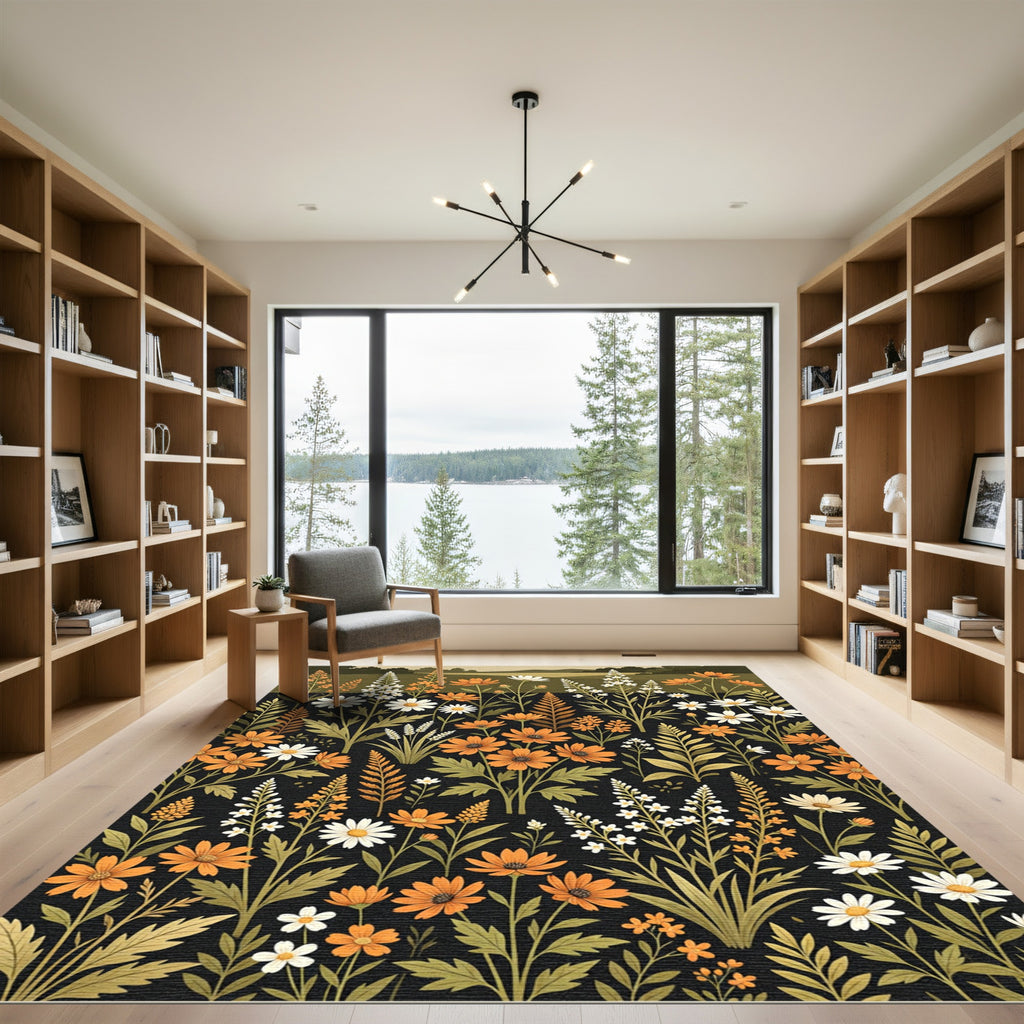 Wildflower Meadow Orange White Black Rug