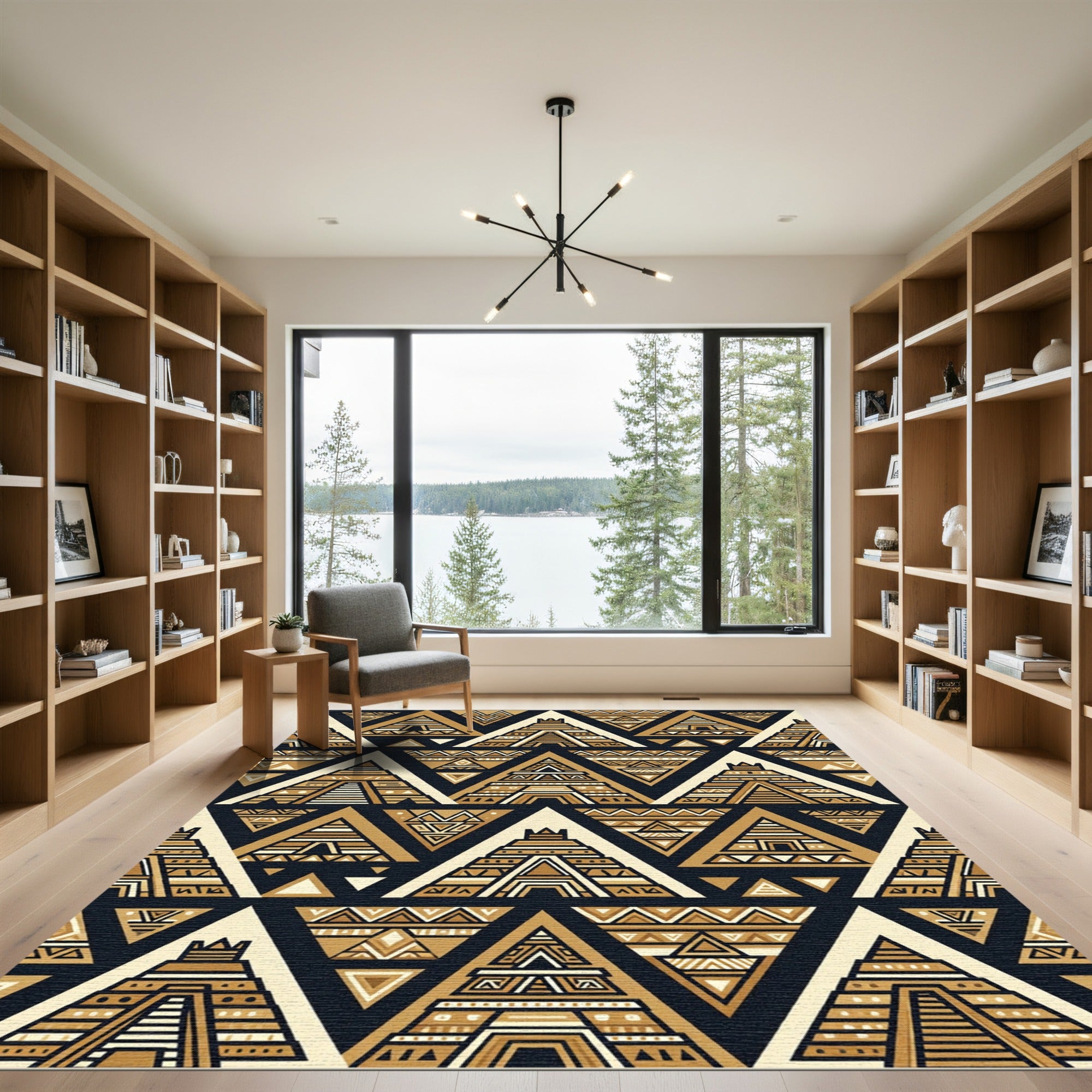 Gold Black Tribal Pyramid Pattern Rug