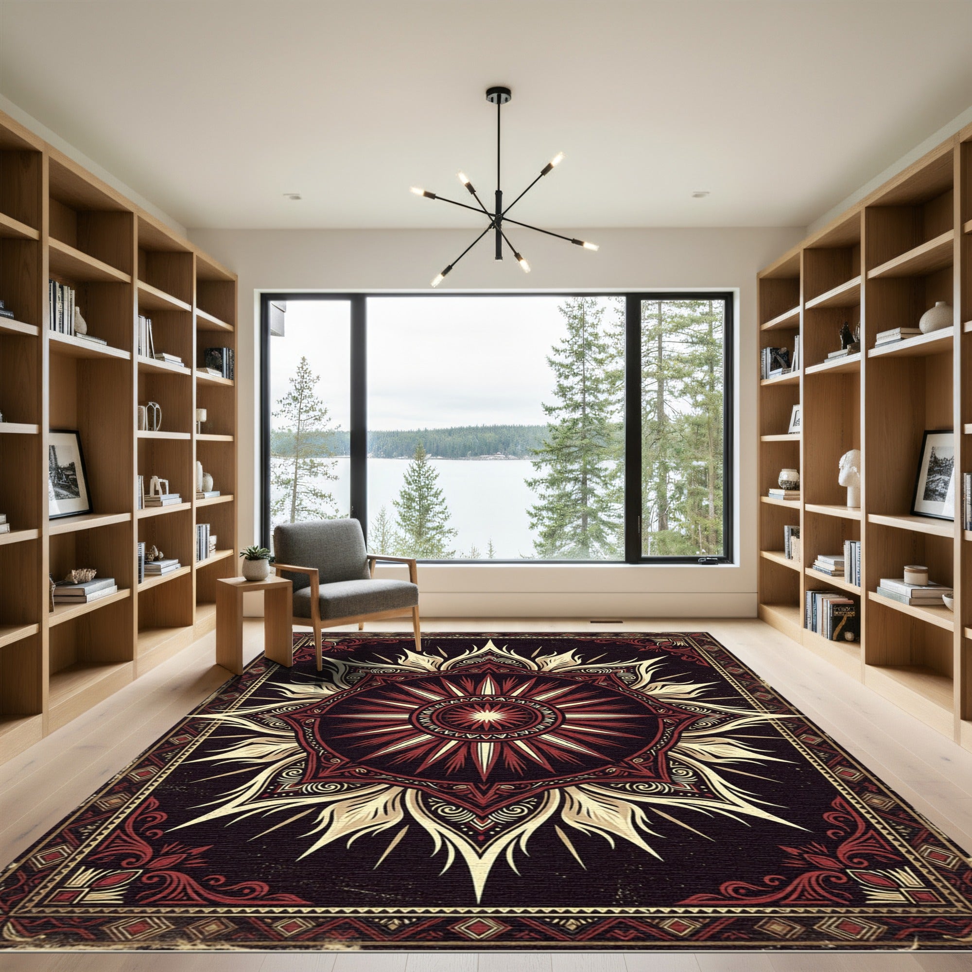 Crimson Gold Sunburst Mandala Rug