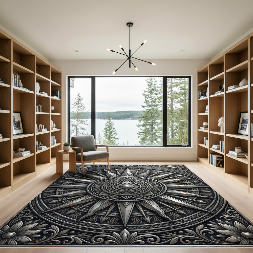 Metallic Silver Ornate Mandala Star Compass Rug