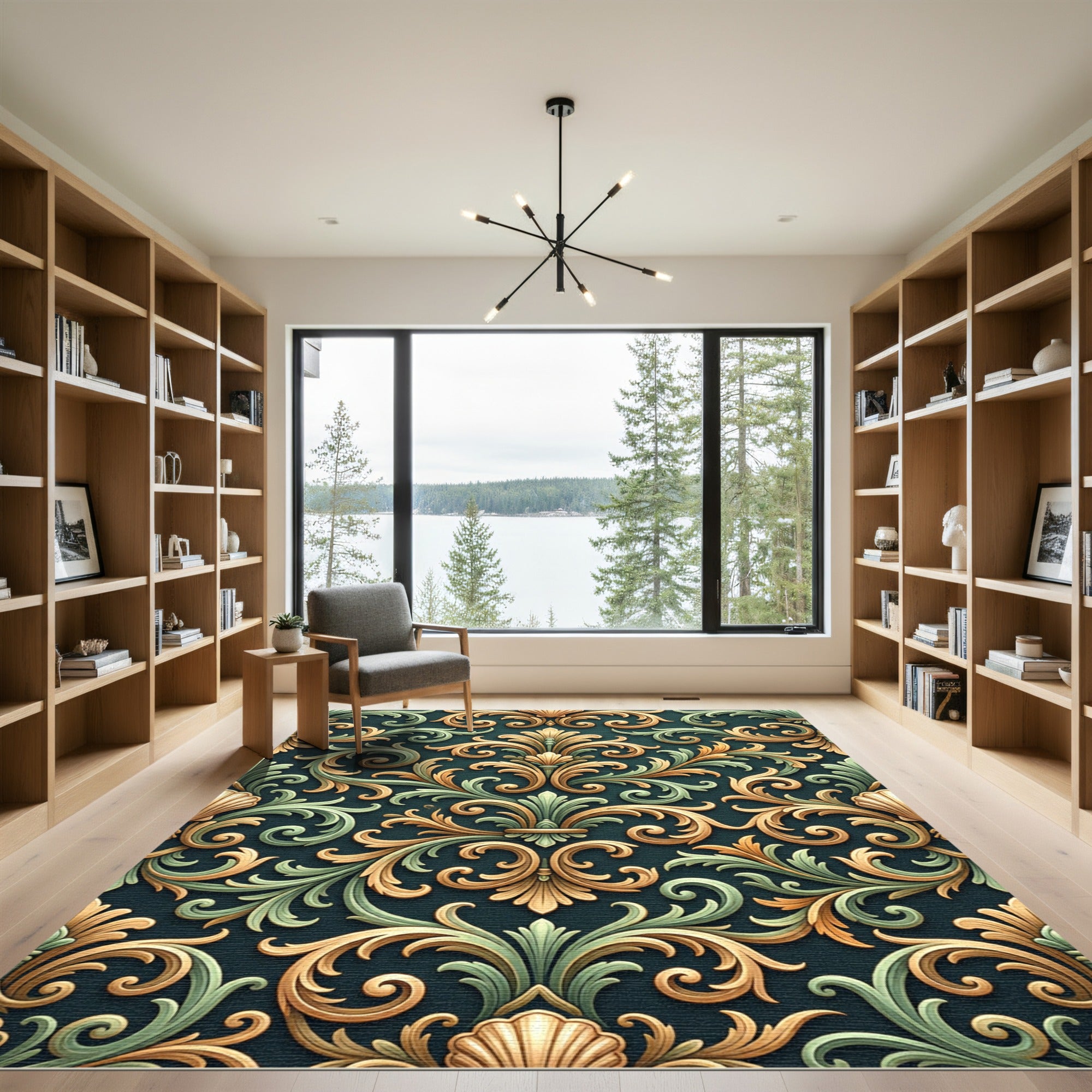 Gold Green Acanthus Scrollwork Wallpaper Rug