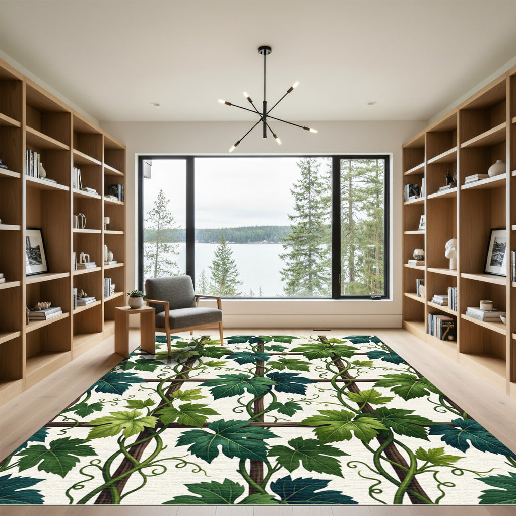 Lush Green Botanical Grapevine Trellis Rug