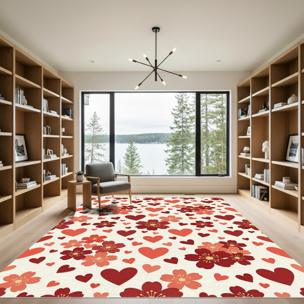 Romantic Red Sakura Cherry Blossom Heart Rug