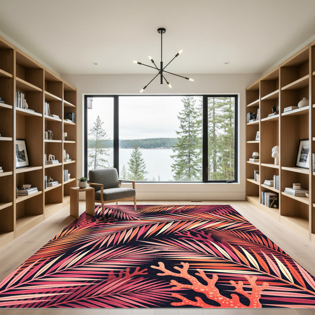 Pink Coral Palm Frond Scene Rug