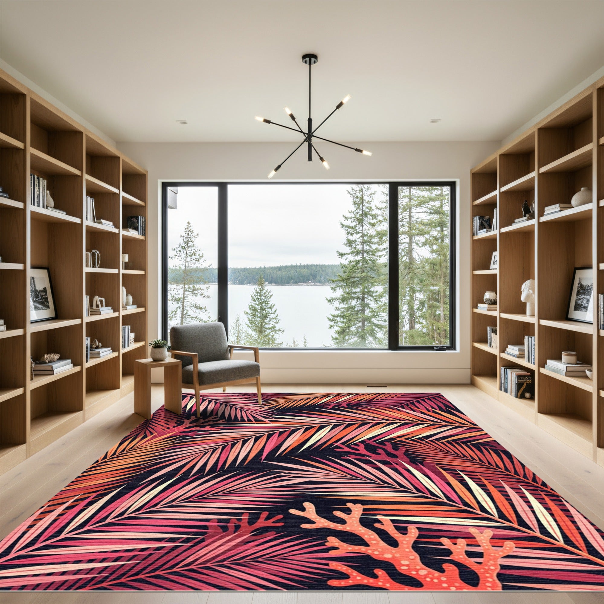 Pink Coral Palm Frond Scene Rug