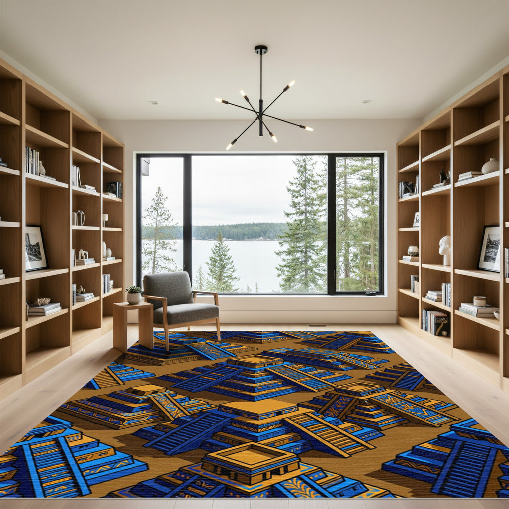 Aztec Geometric Blue Gold Pyramid Tile Rug