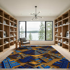 Aztec Geometric Blue Gold Pyramid Tile Rug