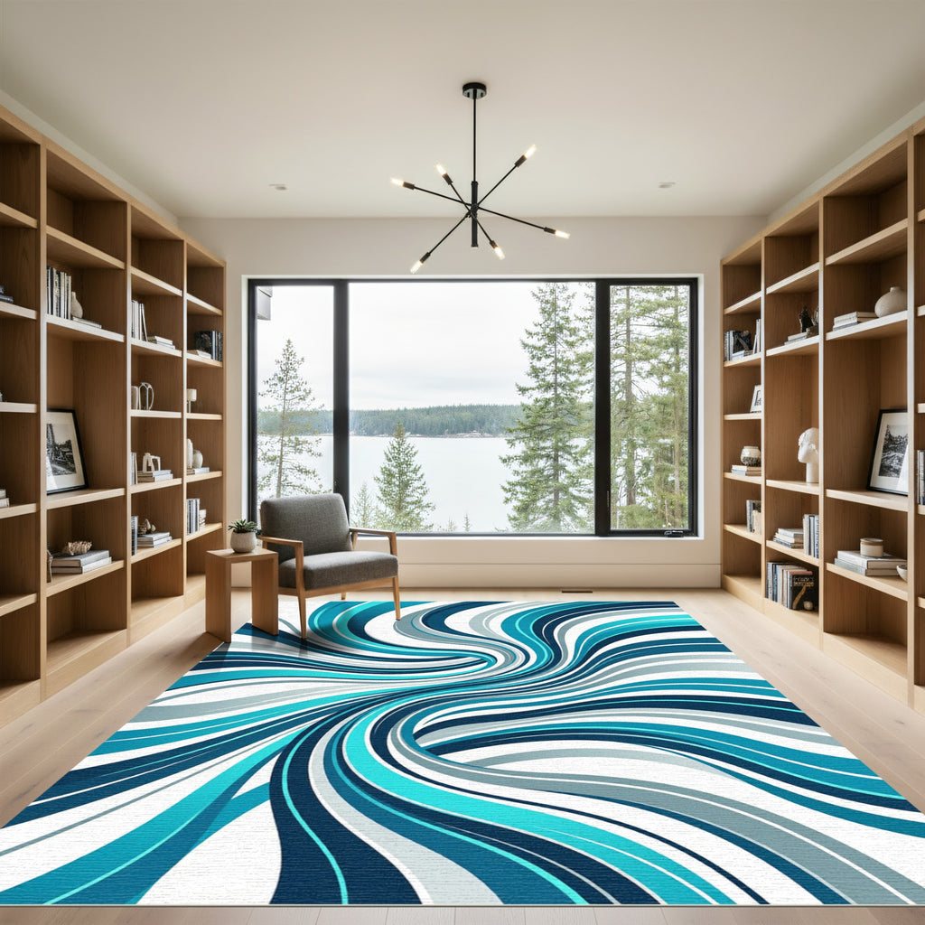 Dynamic Teal Blue Wavy Abstract Flow Rug