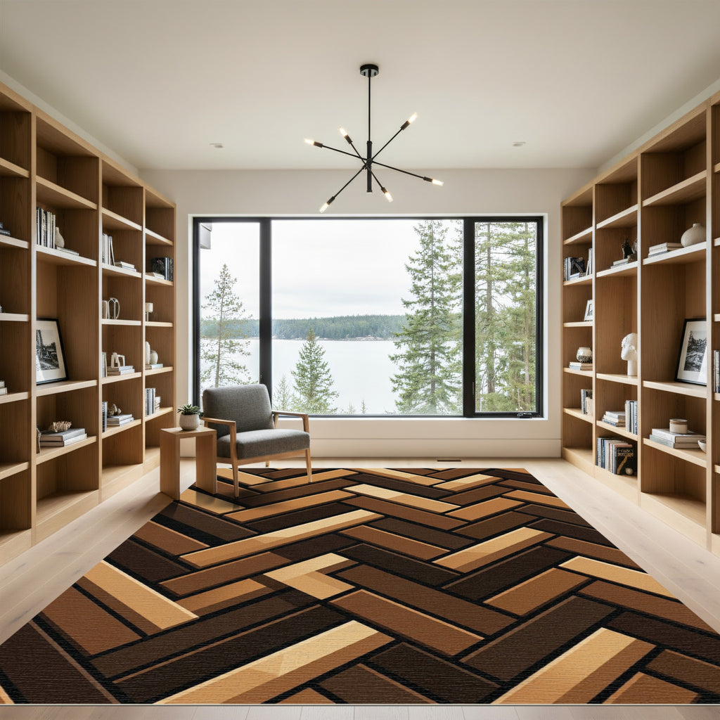 Rich Brown Herringbone Wood Grain Rug
