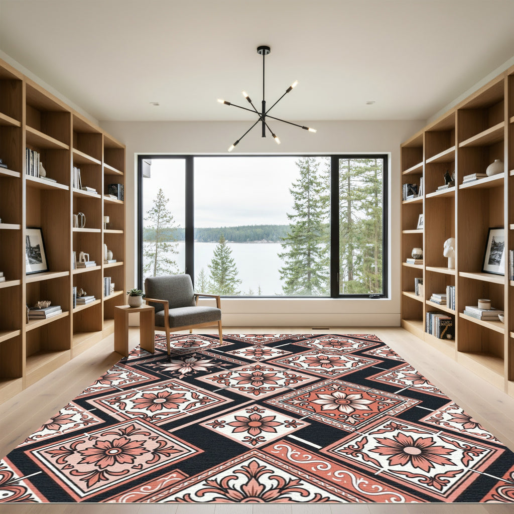 Coral Floral Medallion Diamond Pattern Rug