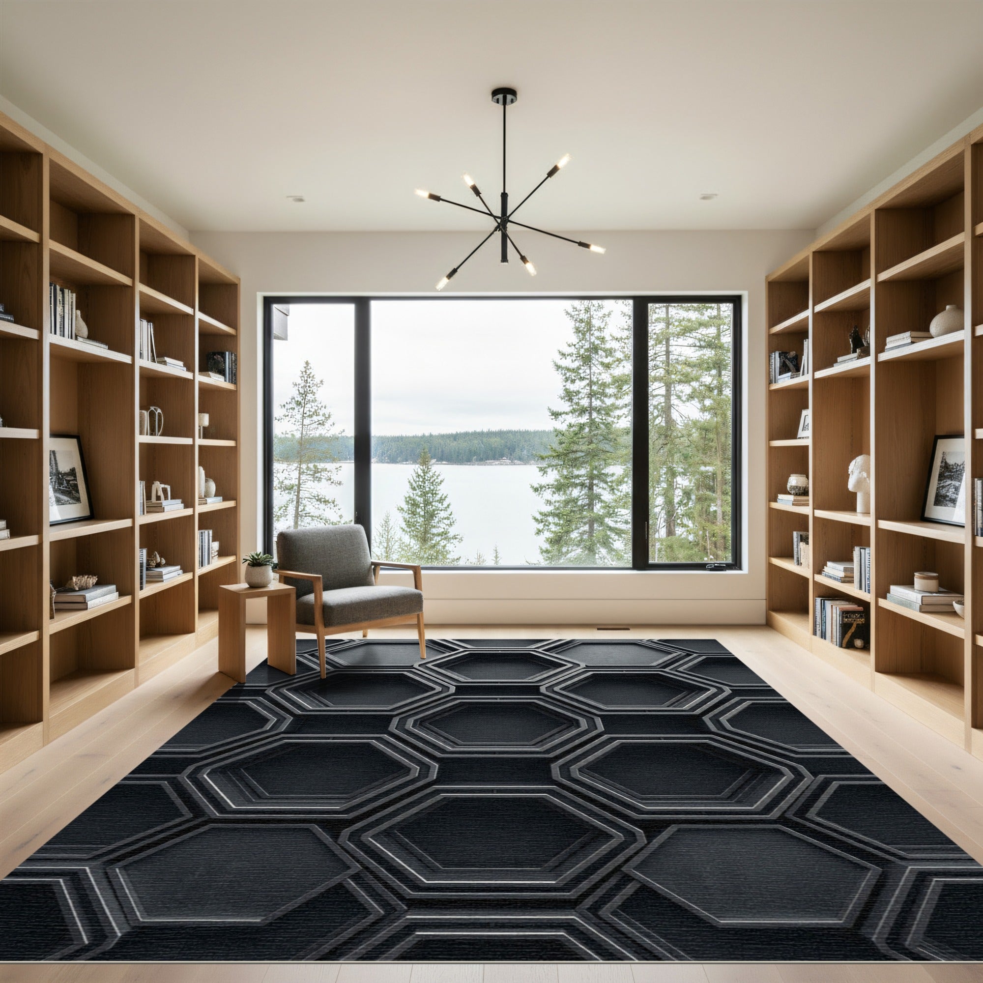 Dark Gray Geometric Hexagon Weave Rug