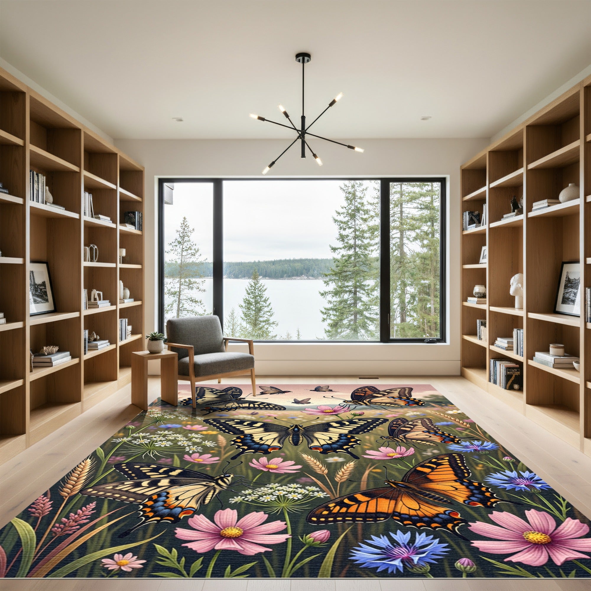 Whimsical Golden Butterfly Meadow Garden Rug