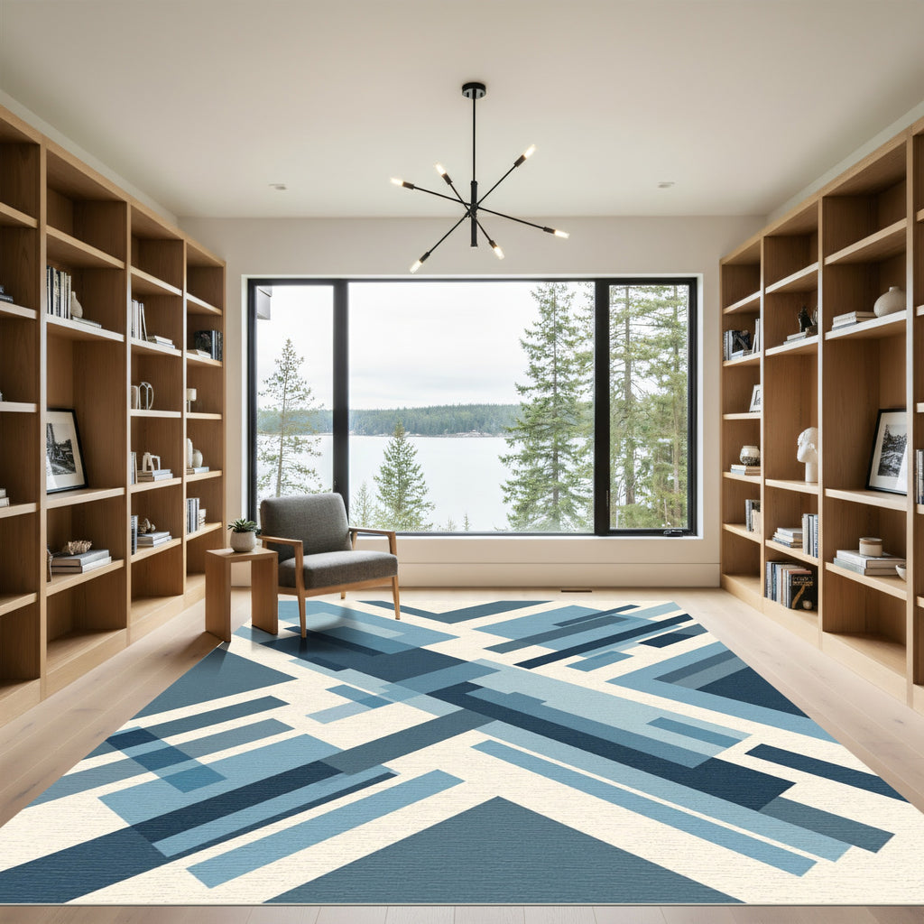 Modern Navy Blue Geometric Abstract Lines Rug