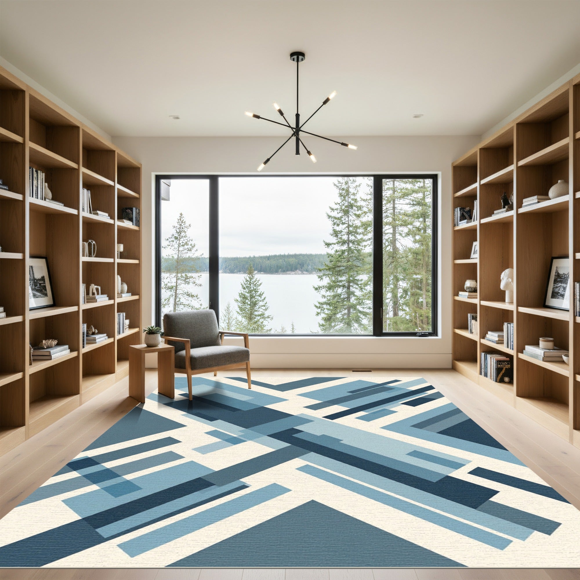 Modern Navy Blue Geometric Abstract Lines Rug