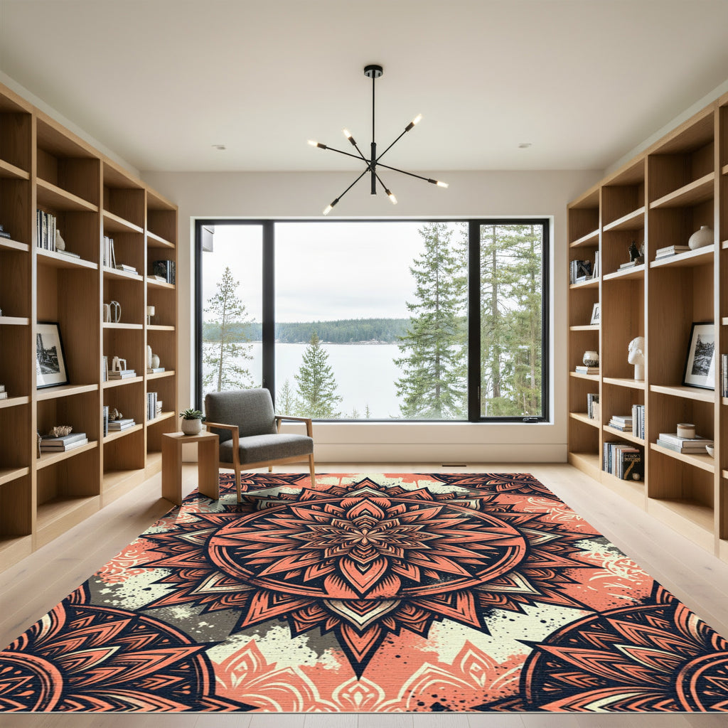 Coral Salmon Geometric Lotus Mandala Rug