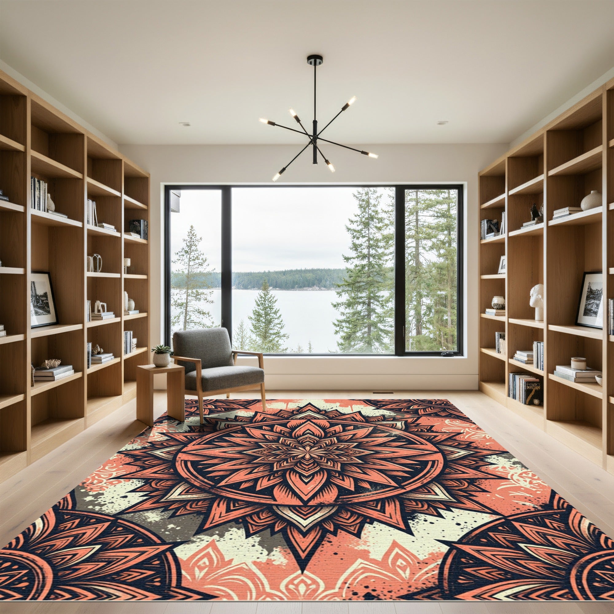 Coral Salmon Geometric Lotus Mandala Rug