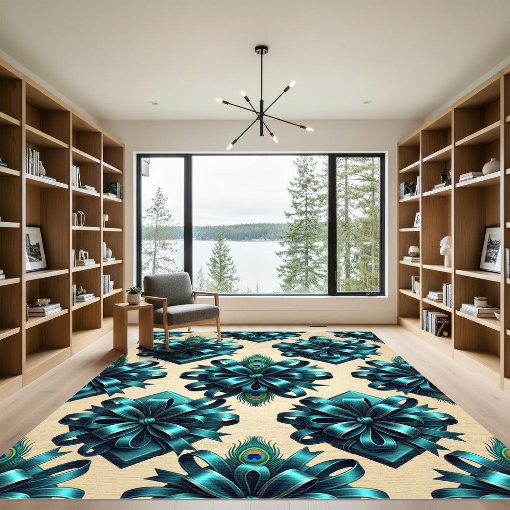 Teal Peacock Feather Ribbon Bouquet Rug