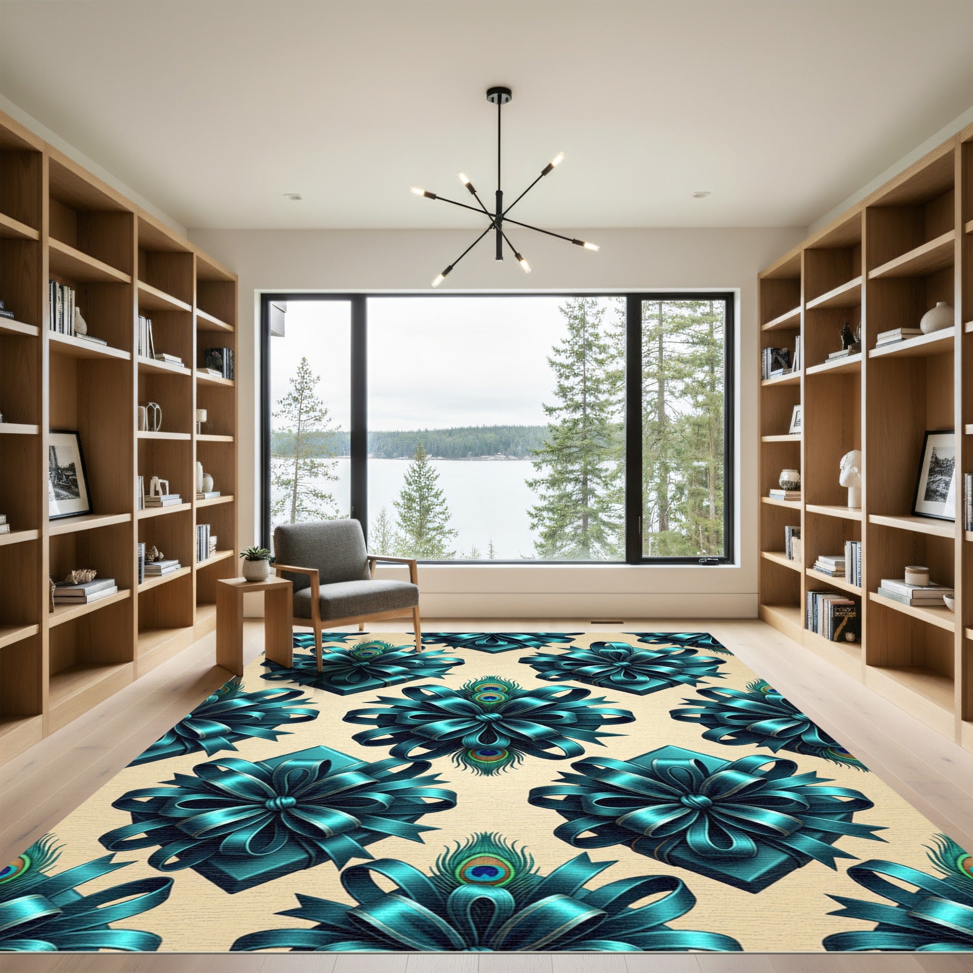 Teal Peacock Feather Ribbon Bouquet Rug