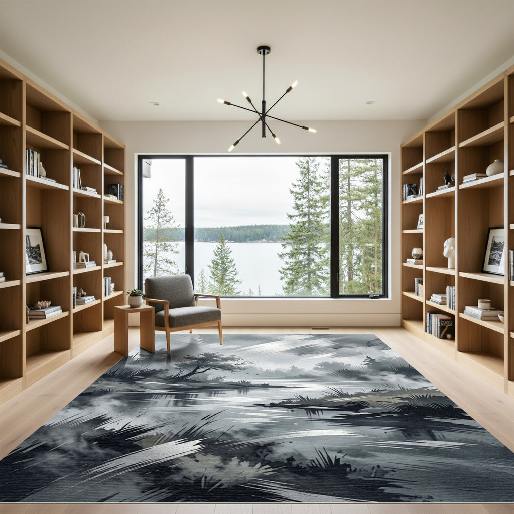 Monochrome Misty Forest River Landscape Rug