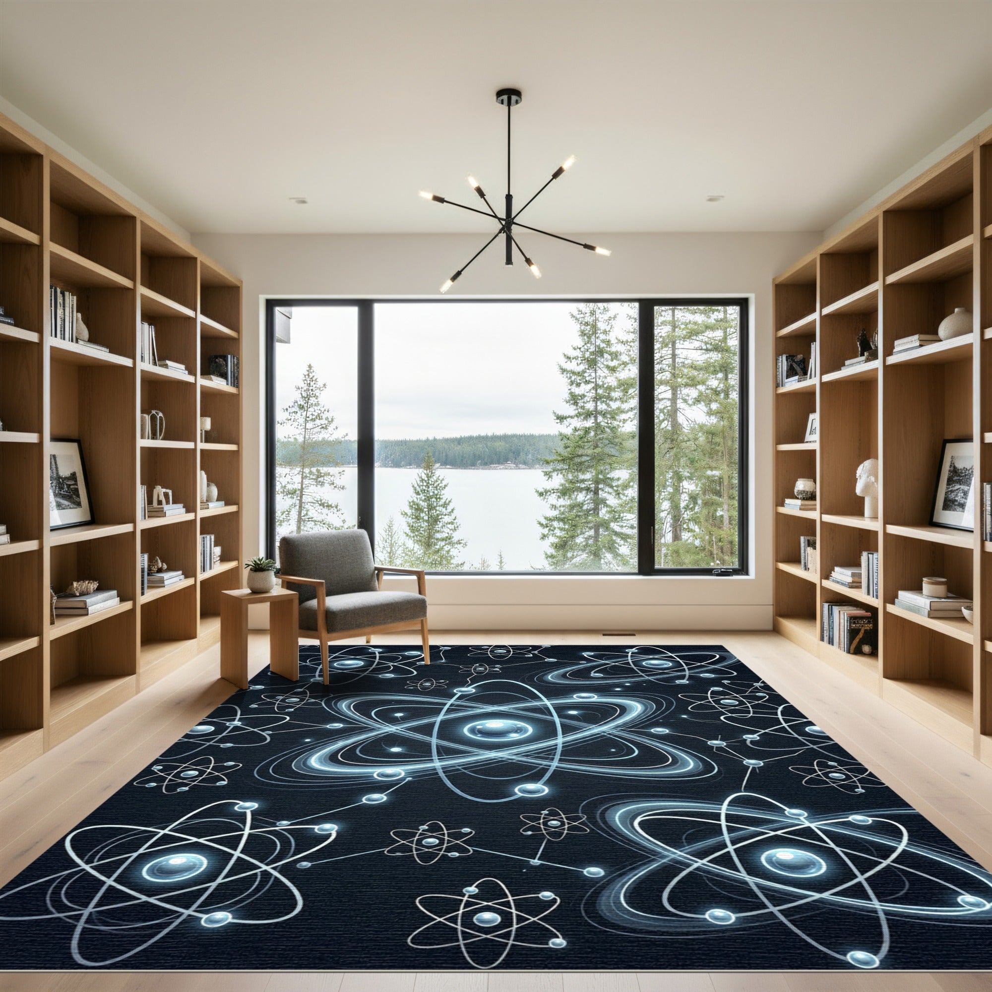 Futuristic Atomic Orbit Blue Glow Rug