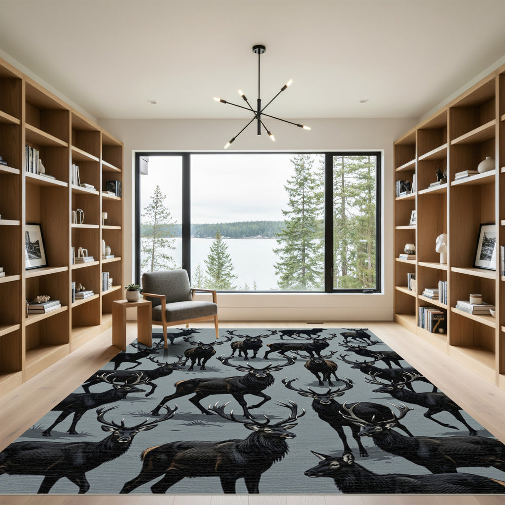 Black Stag Herd Majestic Wildlife Composition Rug