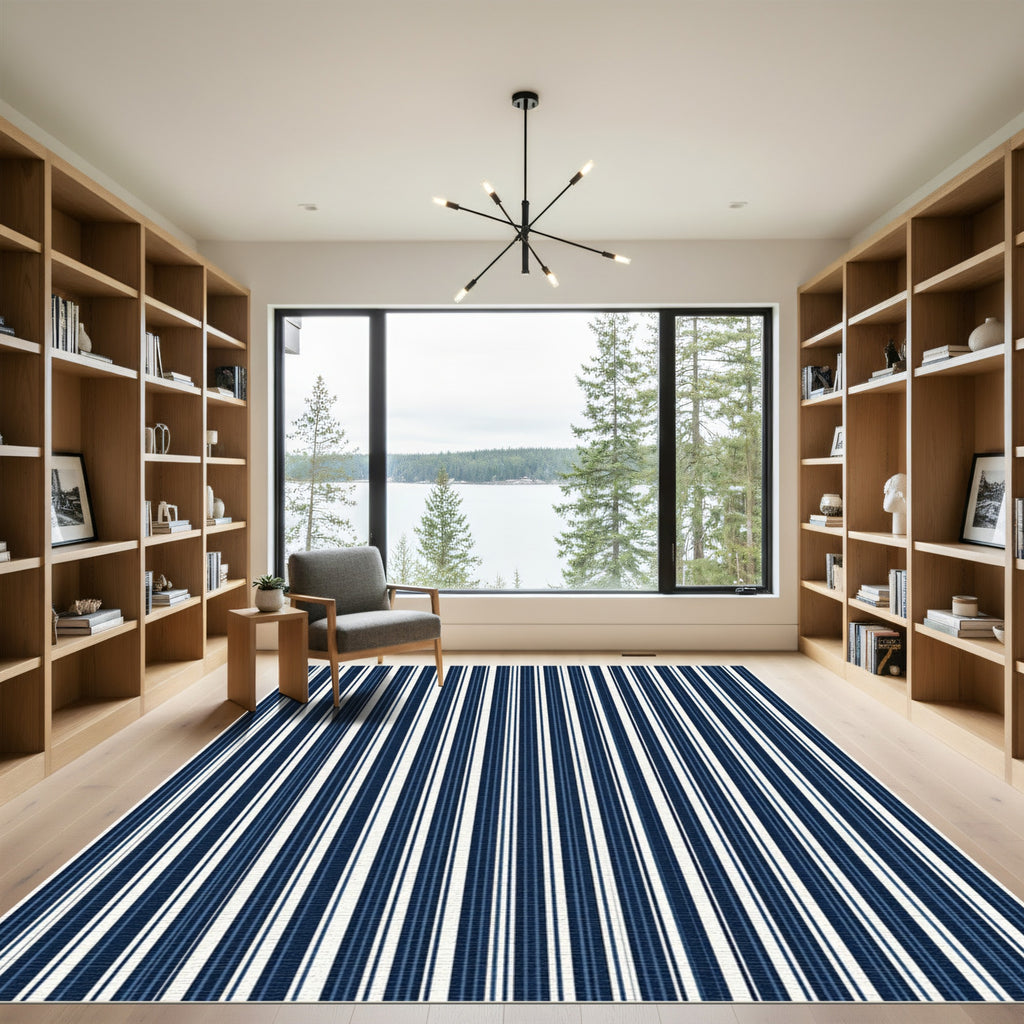 Navy Blue White Vertical Stripe Rug